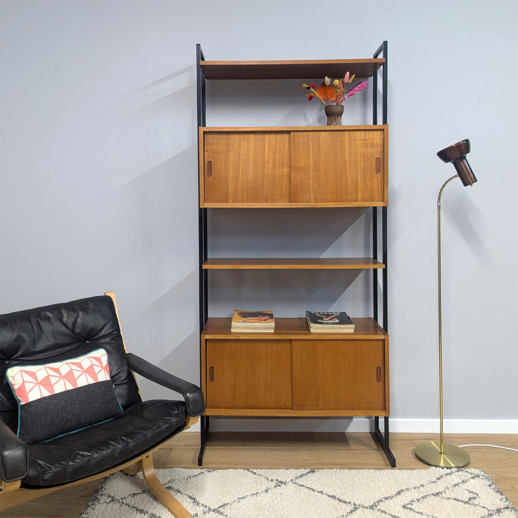 Midcentury 1960s Freestanding Tall Teak Shelf Unit with Record Cabinet by Interflex
