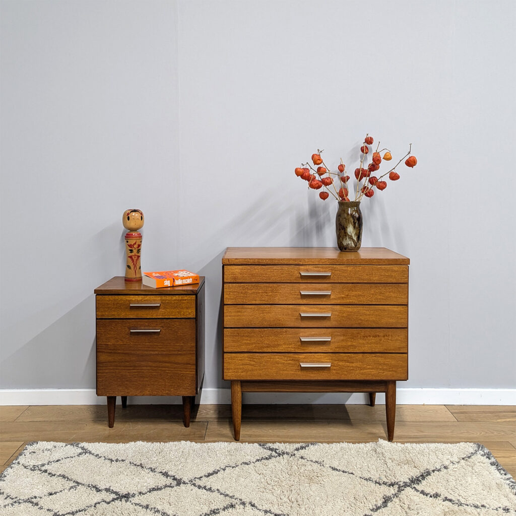Midcentury 1960s Bedroom Set of Chest of Drawers & Bedside Cabinet by White & Newton