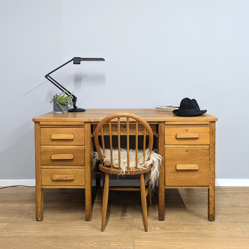 Large Vintage Light Oak Pedestal School Teacher's Desk