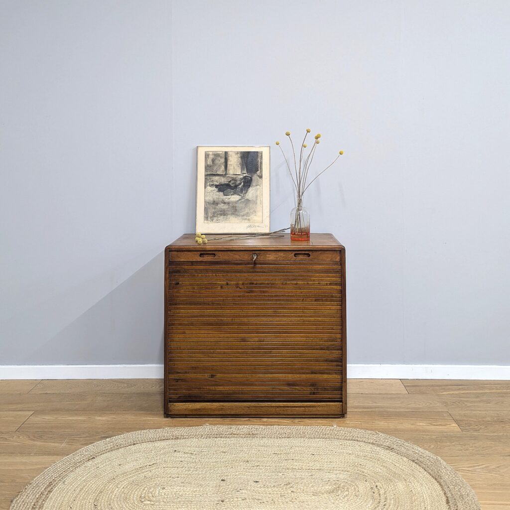 Vintage 1950s Swedish Tambour Door Cabinet with Drawers by Åtvidabergs