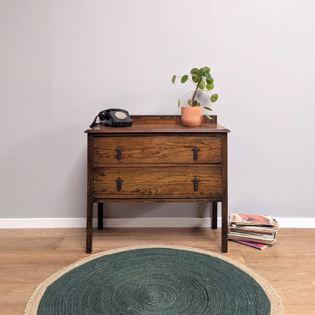 Vintage 1940s Oak Two Drawer Dresser / Console
