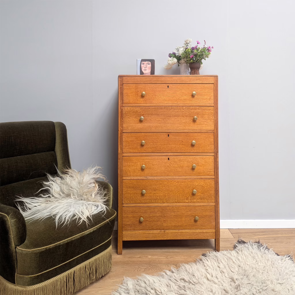 Vintage 1950s Light Oak Tallboy Chest of Drawers