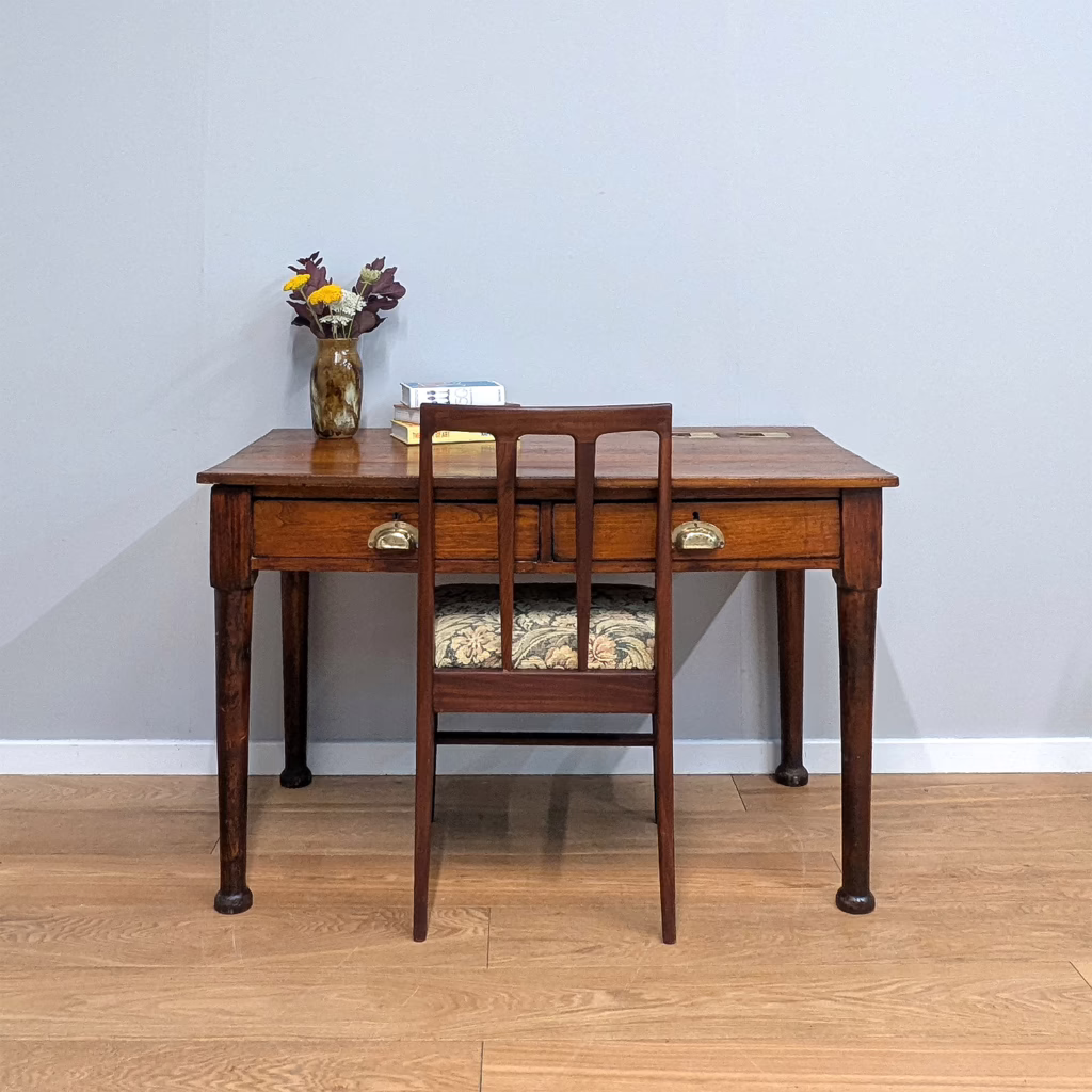 Vintage 1920s Oak Desk with Brass Inkwells