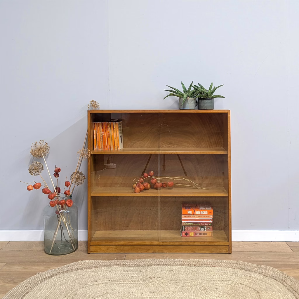 Vintage 1960s Light Oak Glazed Bookcase by Phoenix of Charing Cross