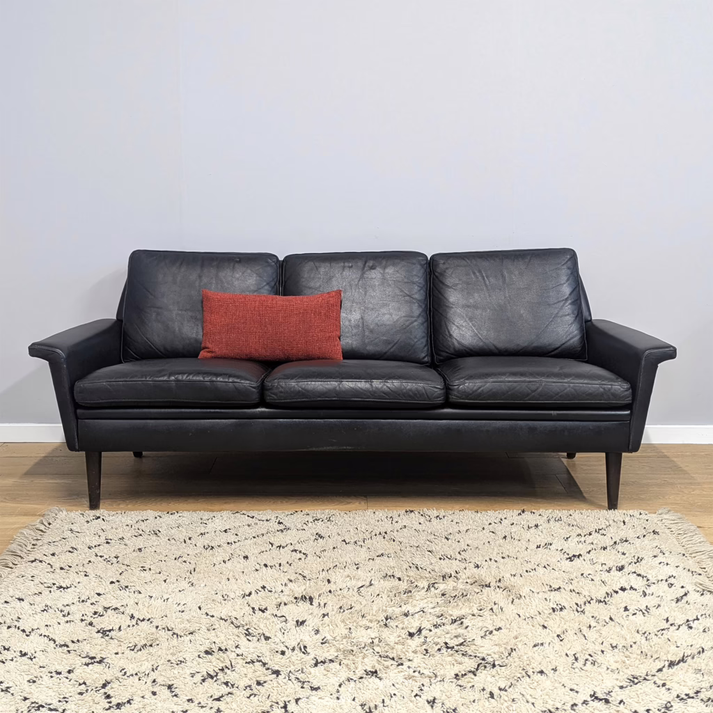 Classic Danish Midcentury 1960s Black Leather Sofa