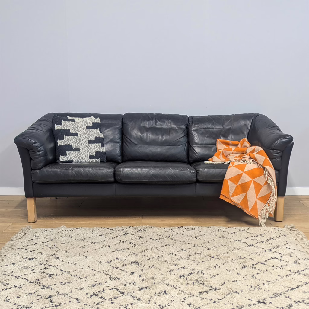 Contemporary Danish Black Leather Three Seat Sofa