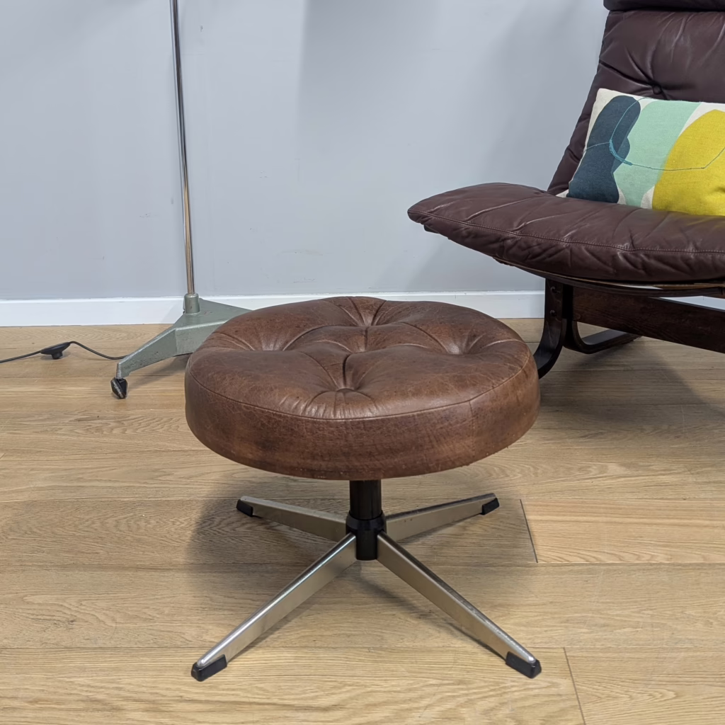 Vintage Danish Round Tan Leather Swivel Footstool